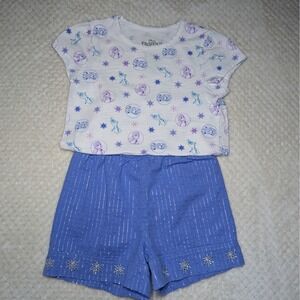 Disney Frozen II Girls 2 Piece Outfit S 5-6 Elsa & Anna Shirt, Blue Shorts Set